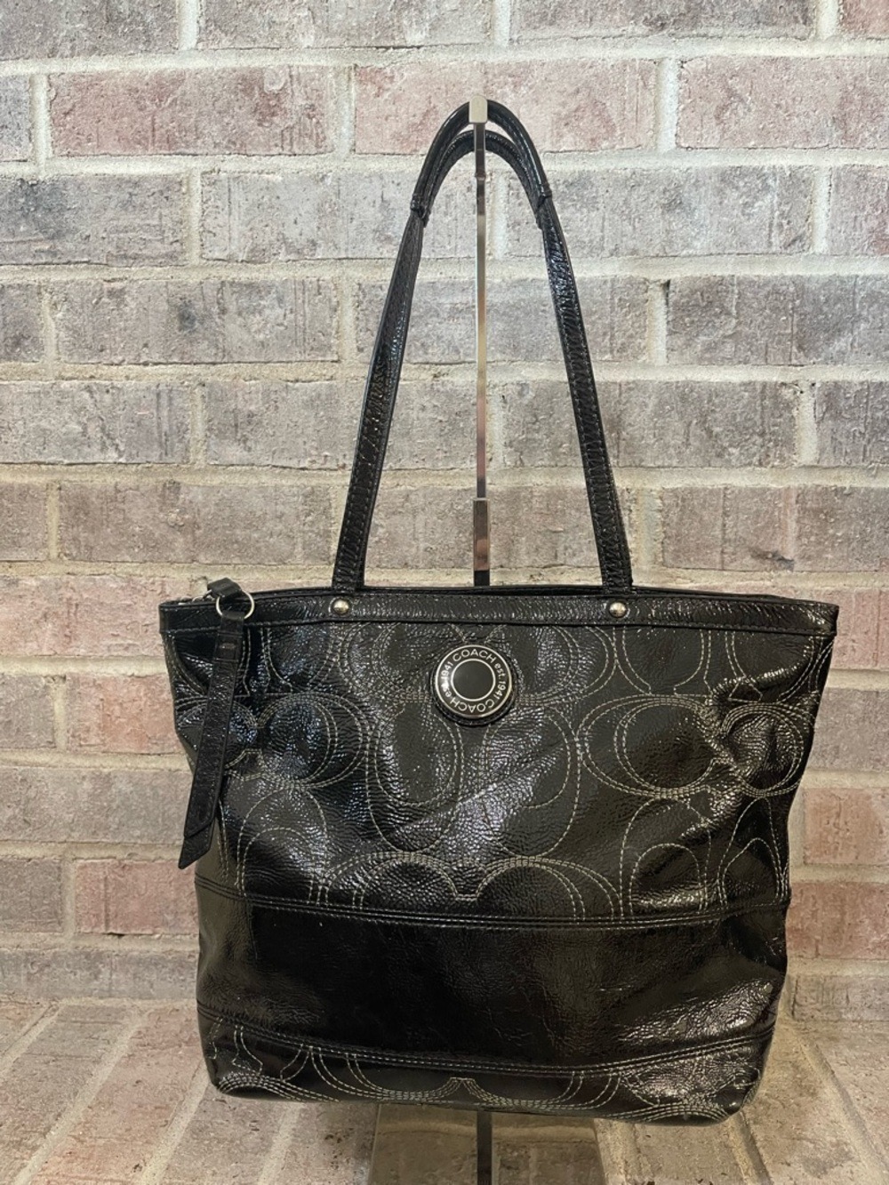 Coach Black Patent Signature Circle Tote